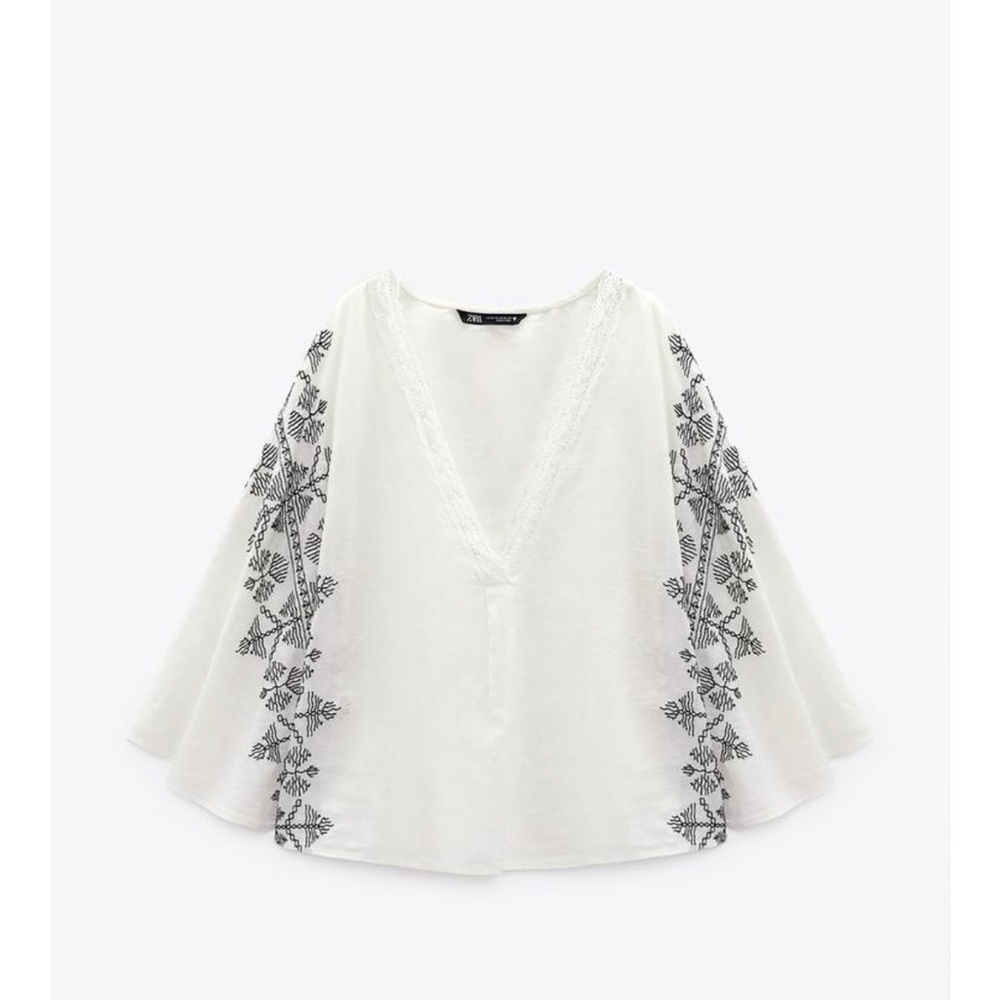 Zara Cream Blouse with Black Embroidery